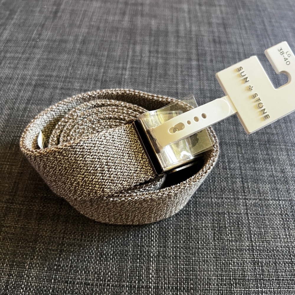 Sun Stone Men's Brown Khaki Woven Belt Gold Buckle Size Large 38-40 Stretchy